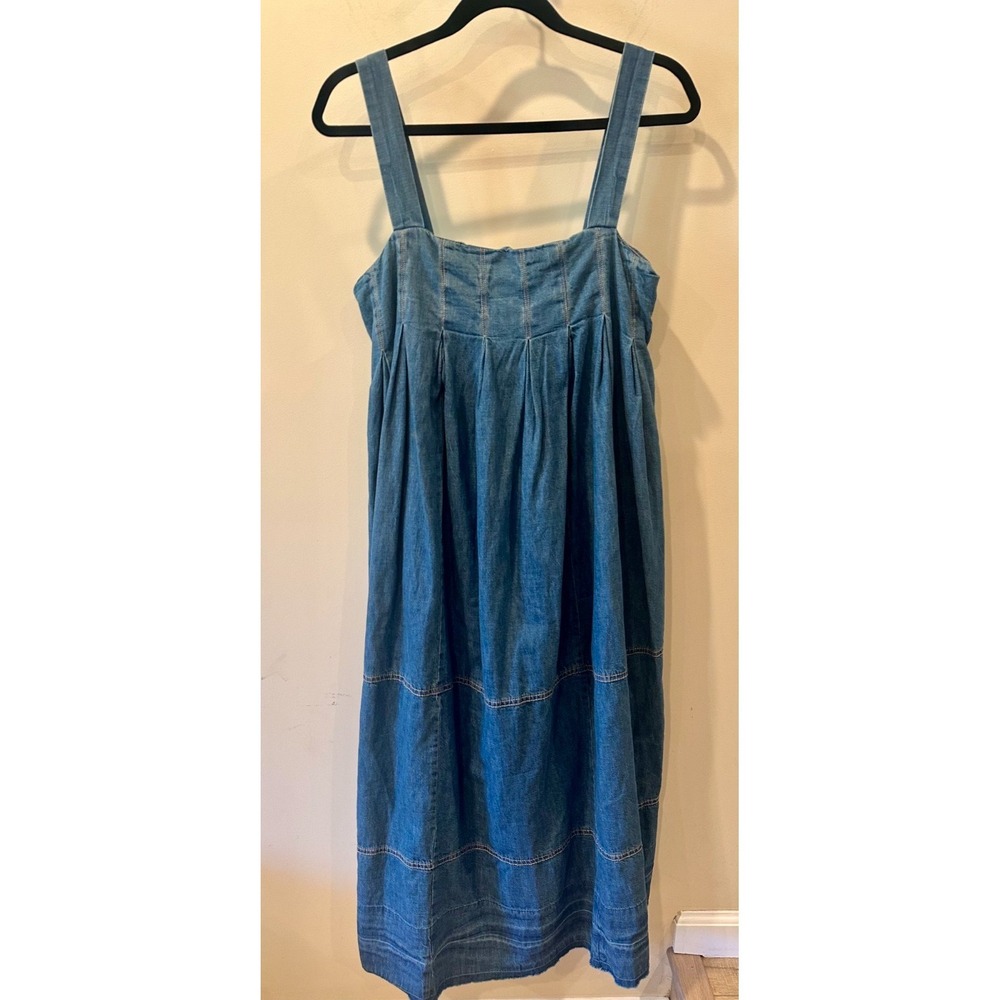 Free People Pretty in Pleats Denim Midi Babydoll Dress Sz XS Western Boho $168